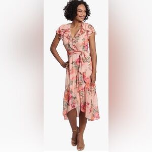 NWOT London Times Cold Shoulder Ruffle Wrap Midi Dress Size 6